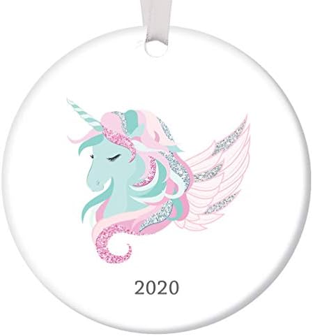 Pretty Unicorn Christmas Ornament Dated 2020 Little girl Pink & Mint Cute Xmas Present Baby Newborn Ceramic Porcelain Keepsake 3" Flat Circle With White Ribbon & Free gift Box