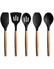 Miusco Non-Stick Silicone Cooking Utensils Set with Natural Acacia Hard Wood Handle, 5 Piece, High Heat Resistant