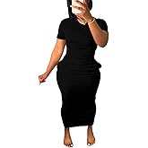 Women's Casual Short Sleeve Dress T Shirt Bodycon Dresses Ribbed V Neck Maxi Sundress Basic Party Club Dress with Pocket