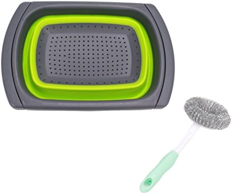 CoZroom Green & Grey Collapsible Colander Strainer with Handles Together with a Green stainless Steel Dishwashing Brush Kitchen Helper