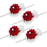 FAYBOX Velvet Open Rose Silvery Bling Ribbon Rhinestone Stretch Bracelet Wedding Prom Wrist Corsage Hand Flower Pack of 4 Red