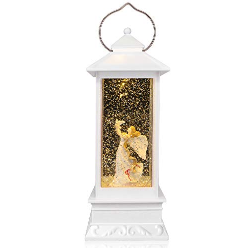 QTKJ USB and Battery Operated Cute Angel Night Lamp Spinning Water Lantern Snow Globe Lantern for Desk, Room Decoration Gifts (White)