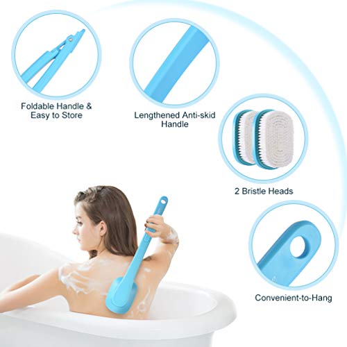 PRETTY SEE Back Brush, 2 in 1 Bath Brush Foldable Long Handle for Shower,Brush Back Scrubber Body Brush with Hard and Soft Bristles (2 Pack), Blue