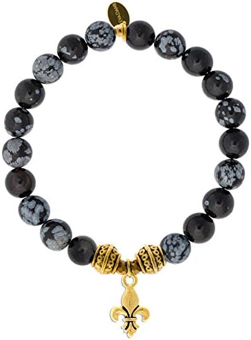 EvaDane Natural Snowflake Obsidian Gemstone Tibetan Bead Fleur de Lis Charm Stretch Bracelet - Size 9 Inch ( 1_SOB_G_T_FLE_9)