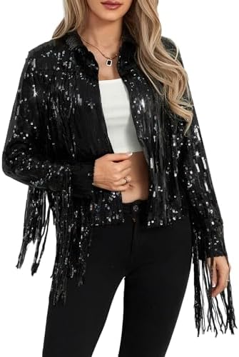 Vintage Sequins Loose 90's Blazer for Women Black Long Sleeve