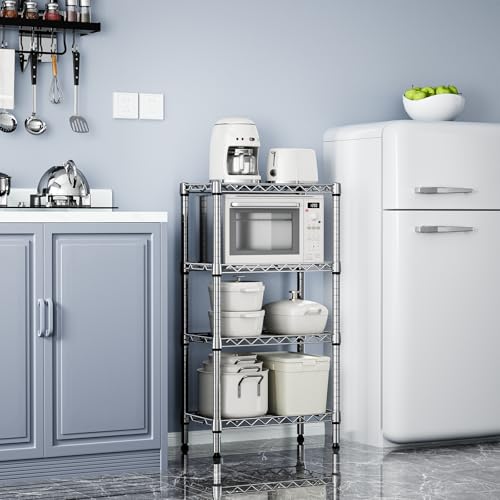 M MZG 4 Tier Metal Shelving Unit, Load Capacity 454 kg, Adjustable Shelves for Garage, Storage, Laundry and Kitchen, Studio, Chrome, 30 x 55 x 100 cm