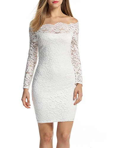 Cindere Women's Floral Lace Off-Shoulder Elegant Bodycon Cocktail Party Wedding Dress,White,Large - Thumbnail 3