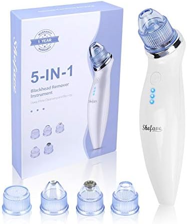 Shefave Blackhead Remover Vacuum, USB Rechargeable Comedo Suction Microdermabrasion Machine Blu Ray Pore Vacuum Cleaner, Blackhead Sucker with 5 Replaceable Suction Heads (Standard)