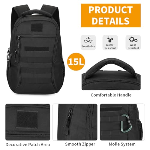 HUNTVP Military Backpack Small 15L Tactical Backpack Molle Waterproof Sports Backpack Man Nylon Bag School Backpack for Travel Camping Hiking