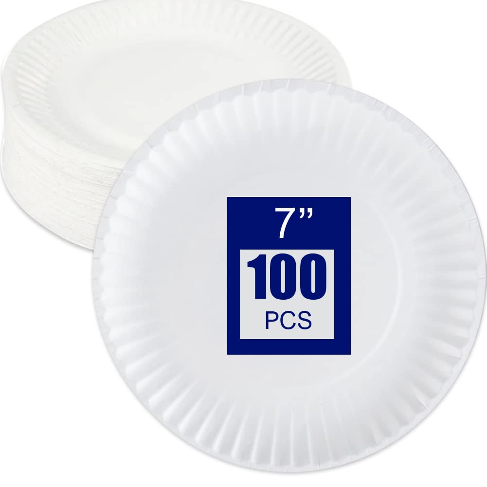 CafeTEq 100 Pack 7" Strong Paper Plates Recyclable Disposable Quality Perfect for Parties BBQ's Outdoors