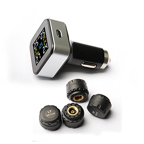 Vesafe Wireless Tire Pressure Monitoring System (TPMS), with 4 External Cap sensors. (Cigarette Lighter Plug with 2A Charging) (Color)