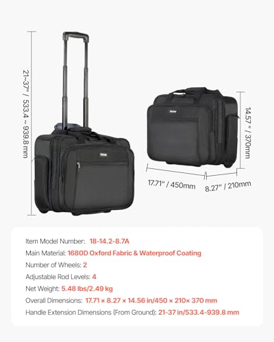Laptop Trolley, passend für Laptops bis zu 17,3 Zoll (44 cm), Aktenkoffer, Notebooktasche mit Rollen und Teleskopgriff, Laptoptasche für Arbeit, Reisen, Büro, 450x210x370 mm (Schwarz)