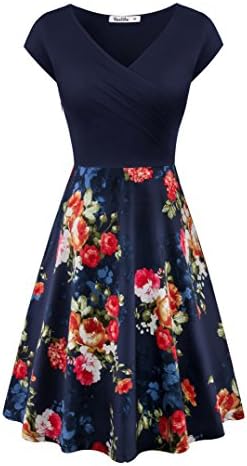 Yeslife Women's V-Neck Cap Sleeve Summer Casual Midi Dress Floral-09 M