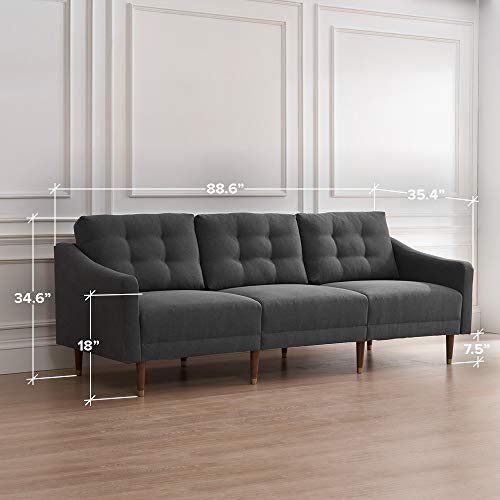 Mopio Savannah Futon Sofa Mid-Century Modern Couch, Fabric Upholstered Sofa with Tufted Back and Tapered Gold Caps Legs, 81.5" W, 3 Seater Sofa Suit for Living Room, Dark Gray