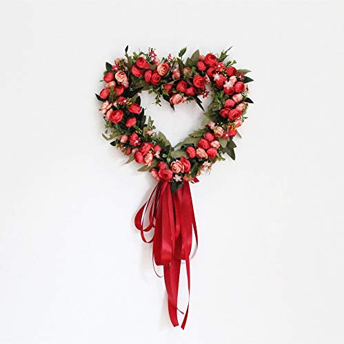 Landy 12-Inch Rose Flower Heart Wreath with Silk Ribbon, Peony Flowers Garland Wreath, Handmade Home Decoration for Wedding Valentine's Day Christmas, Red
