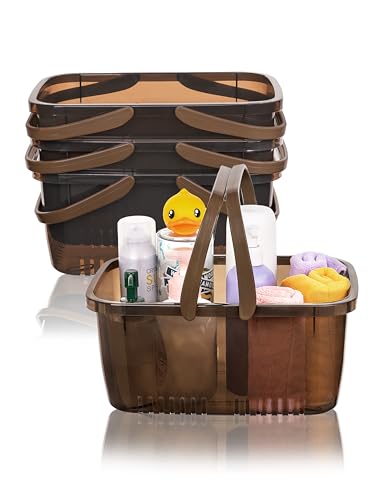 Cetomo Panier de douche en plastique, organisateur de douche avec poignée rabattable, boîte de rangement portale à trous de drainage pour salle de bain, cuisine, dortoir, transparent marron (lot de 4)