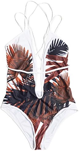 CIDEARY Women V Neck Backless One Piece Coconut Palm Tree Print Sexy Swimsuit (Coffee, XL(US 10-12 D-DD/E Cup))