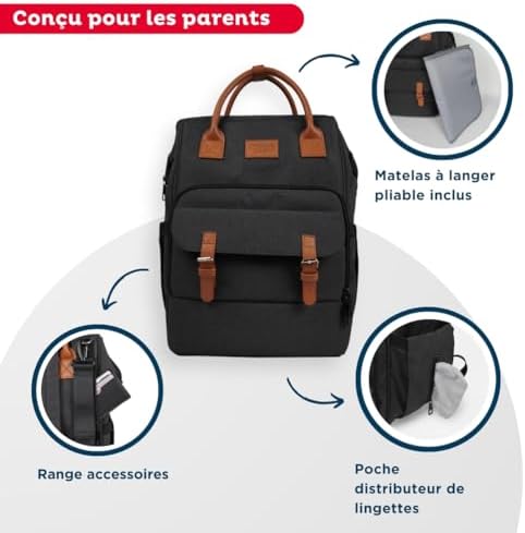 - Sac à langer ESCAPADE - Sac à dos à langer Bébé - Matelas à langer pour Bébé Garçon et Fille inclus - Confortable - Pratique pour des sorties avec votre nouveau-né - Gris foncé
