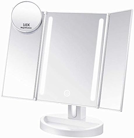 ASSIS Led Lighted Makeup Mirror with 10X Magnifying, Natural LED, Touch Screen and Auto Off Dual Power Supply, 180° Adjustable, Portable Compact Travel Trifold Vanity Mirror(White)