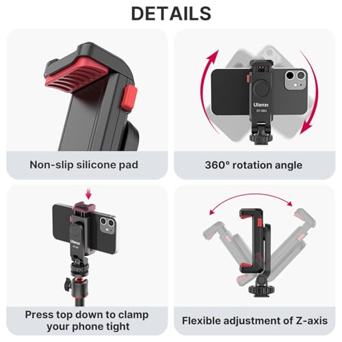 ULANZI Phone Tripod Mount ST-06S, Universal Smartphone Mount Adapter with 2 Cold Shoe, 360° Rotates and Adjustable Cell Phone Clip Clamp Holder, Compatible with iPhone, Samsung Galaxy and All Phones