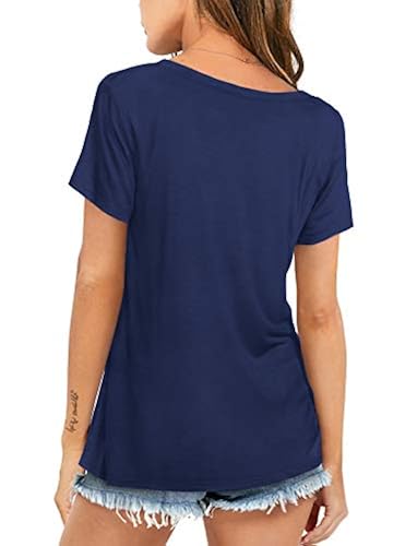 Amoretu Women's V-Neck Short Sleeve T-Shirt - Navy Blue, Size L, Soft Rayon Casual Top