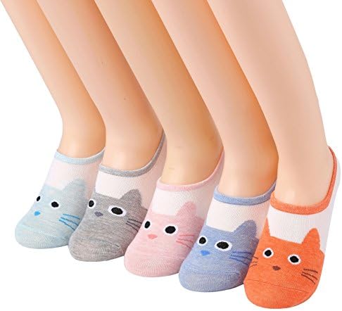 5 Pairs Women's No Show Socks Cotton Non Skid Low Cut Socks (Cute Cat)