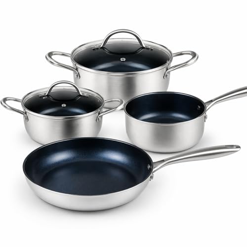Conjunto de Panelas Antiaderente com Revestimento Cerâmico, Cabo Bifurcado Ergonômico, Fácil de Limpar, Inclui Caçarolas 2,2L e 1,7L, Panela 1,2L e Frigideira 900ml, 4 Peças
