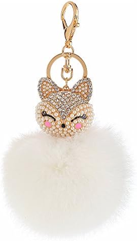 LyhouseLyhouse Real Fox Fur Ball with Artificial Fox Head Inlay Pearl Rhinestone Key Chain for Womens Bag or Car Pendant or Cellphone
