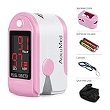 AccuMed CMS-50DL Pulse Oximeter Finger Pulse Blood Oxygen SpO2 Monitor w/Carrying case, Landyard Silicon Case & Battery (Pink)