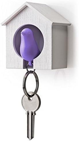 Sparrow Key Ring by Qualy Design Studio. Cool Wall Decoration - Nice and Practical Wall Mounted Keyholder and Keyring. Unusual Gift. White Birdhouse and Purple Bird Keychain.