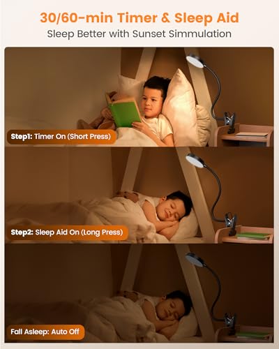 Glocusent Bed Reading Lamp, 72 LED Clamp Lamp with 3 Colours & 5 Brightnesses, Flexible Bed Lamp with Amber Night Light, 30/60 Minute Timer, Eye Protection, for Bed/Reading/Working (Black with Adapter)