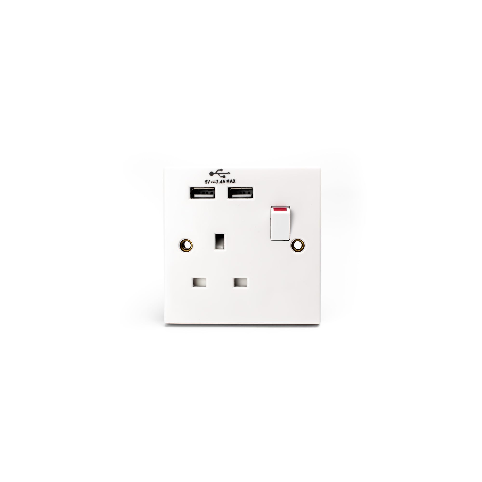 STATUS Plug Socket UK | Single Socket with Double USB Plug | White Plastic | 13A Single Switched Wall Socket | S1G13A2USBSWS4