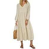 Nexavio Womens 2024 Casual Long Lantern Sleeve Cotton Linen Maxi Dress V Neck High Waist A Line Long Flowy Beach Dresses