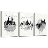 Wall Art for living room Canvas Prints Artwork bathroom Wall Decor Black and white Abstract Mountain geometric and animal Watercolor painting 3 Pieces Framed bedroom wall decorations Office Home Decor