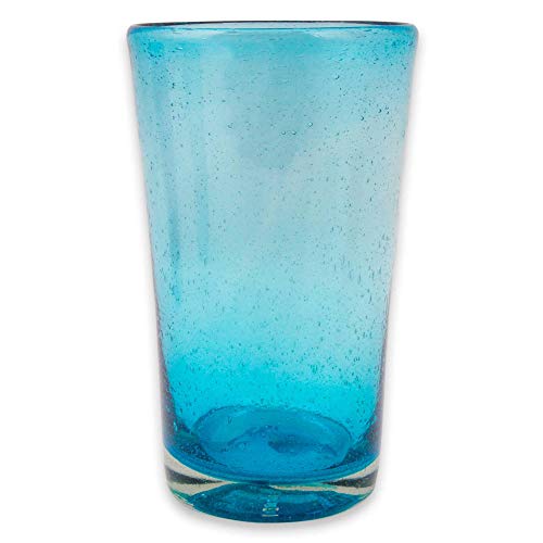 NOVICA Hand Blown Glass Turquoise Blue Highball Glasses, 15 oz
