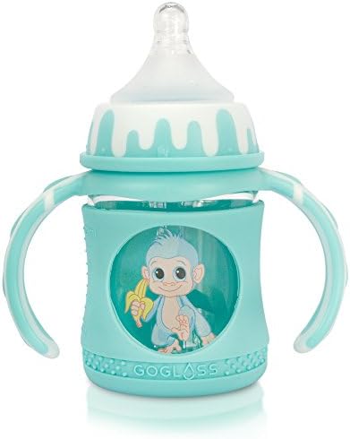 GoGlass Glass Baby Bottle 4 oz, Full Silicone Sleeve, 2 Nipples Included, BPA Free (Blue) - Best Feeding Bottles For Preemie, Newborns, Infants, and Toddlers