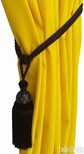 1 Luxury Handmade Black Color w/Wood Single Tassel Rope Tie Back Window Treatment Curtain Drapery Vintage Look 2 Spread Cord Holdback Decor Tieback/Pull Back