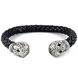 Jewelry Mens Leather Stainless Steel Skull Bracelet, Skull Charms Cuff Bangle