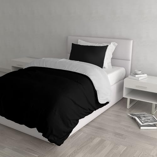 Italian Bed Linen Natural Color Duvet Cover Set with Doubleface Solid Colour Bag Sheet and Pillowcase, 100% Cotton, Black/Light Gray, small double