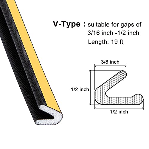 fowong V Shape Weather Stripping Black, 1/2 Inch Wide X 19 Feet Long