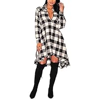 OLRAIN Womens New Plaids Irregular Hem Casual Shirt Dress XX-Large White