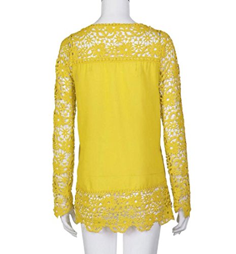 PHOTNO Fashion lace chiffon blouse long sleeve shirt women loose cotton tops t shirts S-XXXXXL (XXXXXL, Yellow) - Thumbnail 3