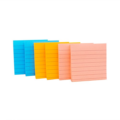 Sticky Notes with Lines 3 inch X 3 inch Assorted Bright Color Lined Self-Stick Notes,100Sheet/Pad 6 Pads/Pack Easy Post Individual Package