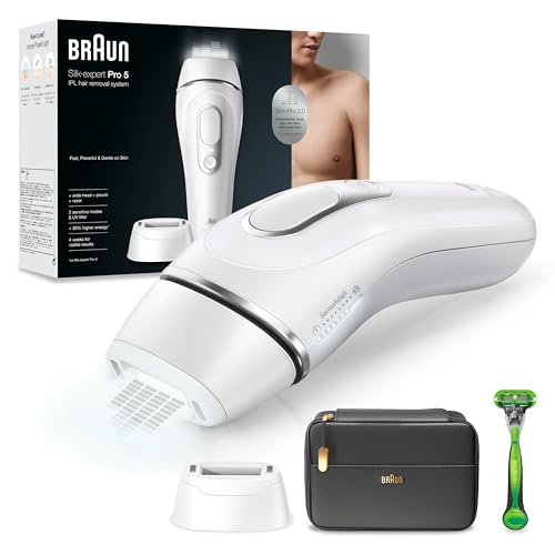 Braun Silk-expert Pro 5 Depiladora Hombre Luz Pulsada IPL, Cabezal de Precisión Ancho y Maquinilla Afeitar Gillette Body, Alternativa a la Depilación Láser en Casa, PL 5145, Última Generación, Blanca