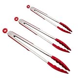 JEWSUN Silicone Tongs,Premium Quality Silicone Stainless Steel Tongs Silicone Cooking Utensils 3 Pack(7 Inch& 9inch & 12inch In Red)