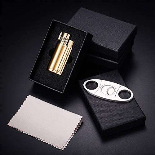 BS Cigar Lighter and Cutter Set,Cigar Punch Lighter Triple Jet Flame Butane Cigarette Torch Lighter (Black Nickel) (Gold)