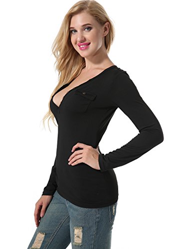 EXLURA Women's Tight Front Button Tee Shirt Cotton Blend Tunic Tops - L Black