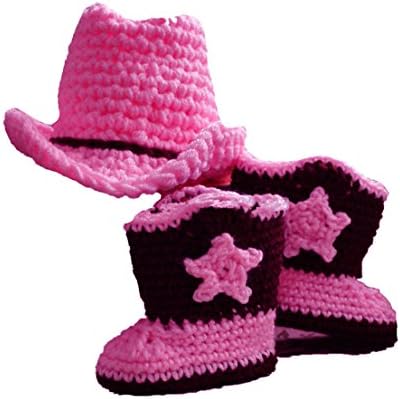 Newborn Boy Girl Crochet Cowboy Cowgirl Hat and Shoes Boots Slipper Rose Pink