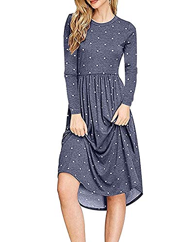 VYNCS Women Casual Pleated Polka Dot Long Sleeve Retro Swing Loose Party Midi Dress with Side Pocket(Blue, Medium)