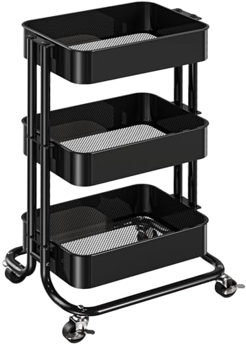 Pipishell 3 Tier Metal Rolling Utility Cart, Heavy-Duty Storage Rolling Cart with 2 Lockable Wheels, Multifunctional Mesh Organization Utility Cart for Kitchen Dining Room Living Room (Black)